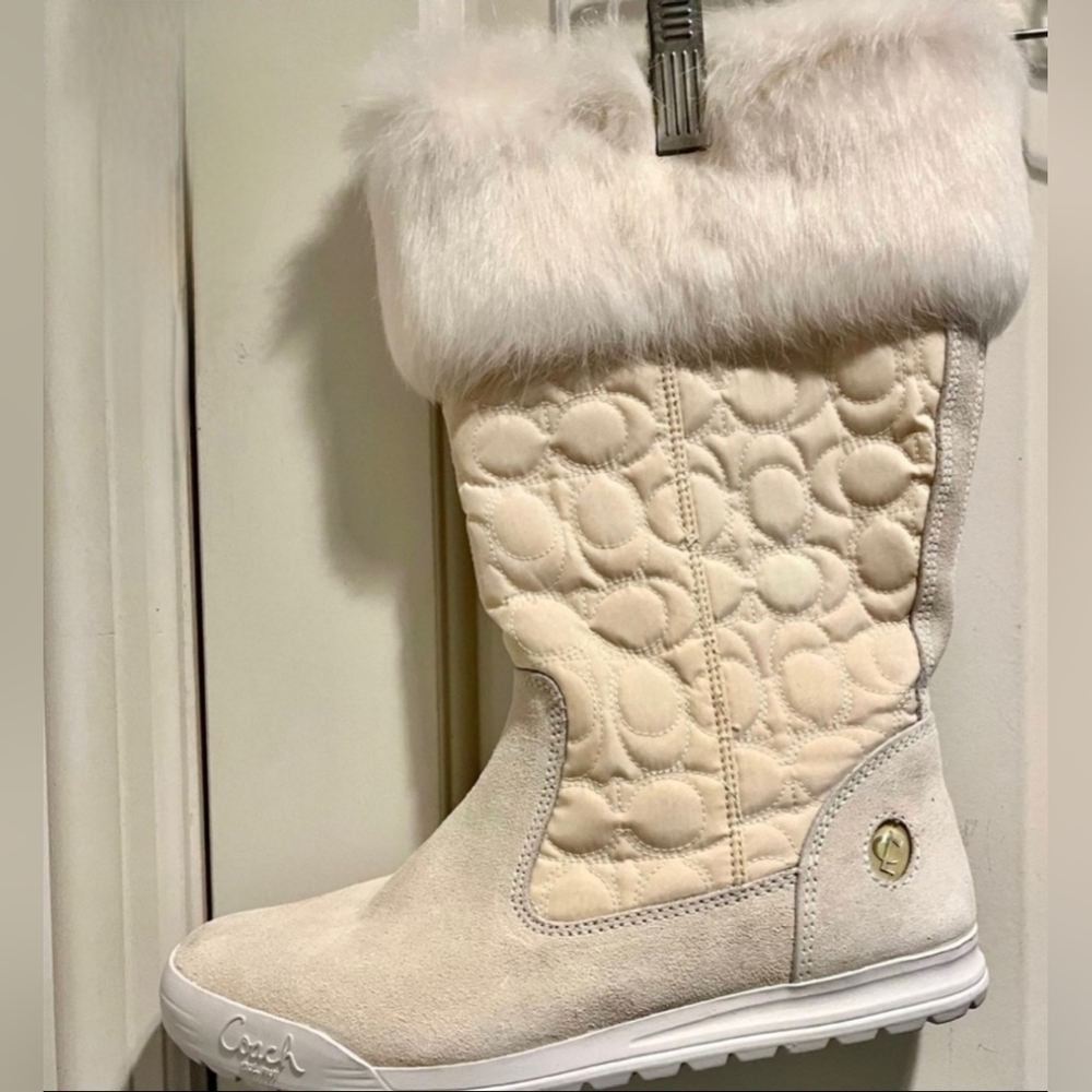 Coach Talen Designer Women's Cream Off White Winter Quilted Fur Boots Sz 8